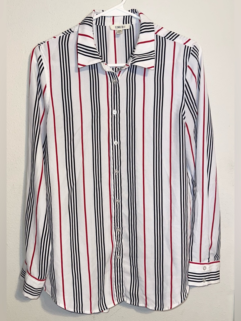 Como Blu White Button Down Shirt Red Black Striped